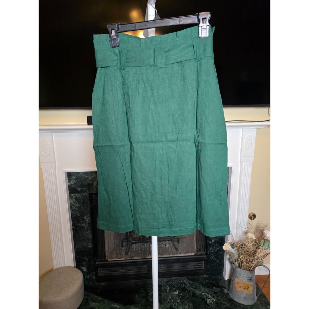 Paperbag Waist Midi Skirt with Self Tie Belt - Green - Picture 3 of 9